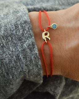 Personalized initial string bracelet with birthstone dangle - adjustable no hanging ends
